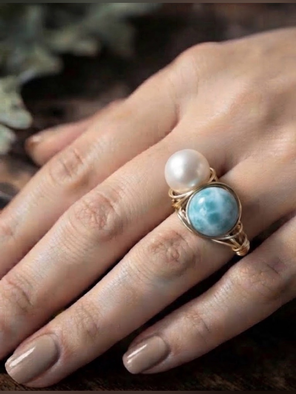 Gold Wire Ring with Blue Larimar and White Pearl